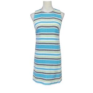 Worth New York Bright Blue Green Stripe Tweed Sleeveless Career Sheath Dress